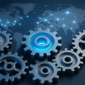 A 3D render of a central blue gear meshing with other gears on a stylized world map, symbolizing the global collaboration and efficiency of engineering outsourcing.
