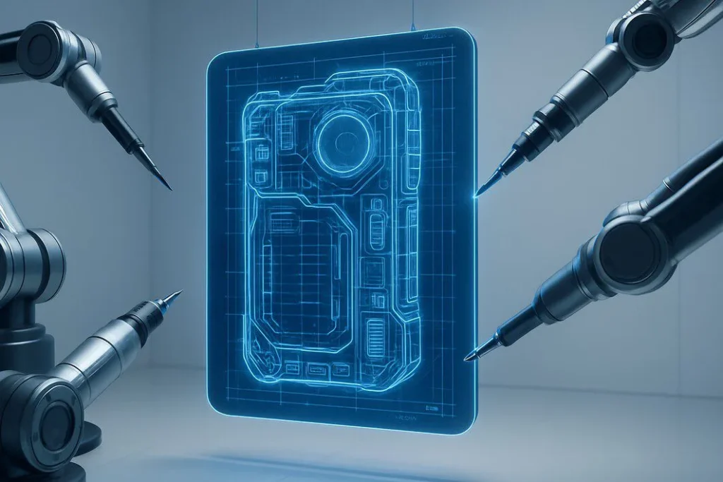 A 3D render symbolizing engineering outsourcing, with multiple robotic arms working on a central glowing digital blueprint of a product.