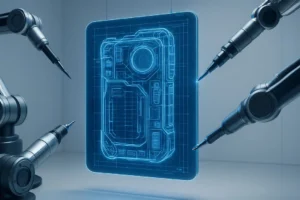 A 3D render symbolizing engineering outsourcing, with multiple robotic arms working on a central glowing digital blueprint of a product.