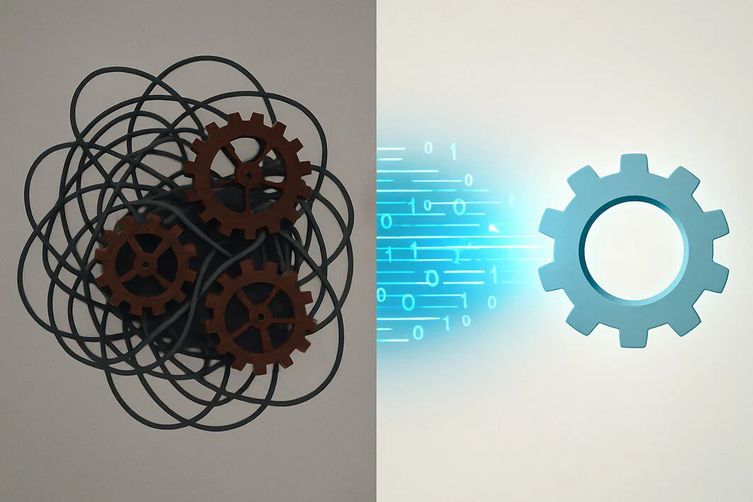 A split-screen illustration comparing tangled, costly gears (in-house) to a streamlined digital flow (engineering outsourcing), showing the benefits of cost and speed.