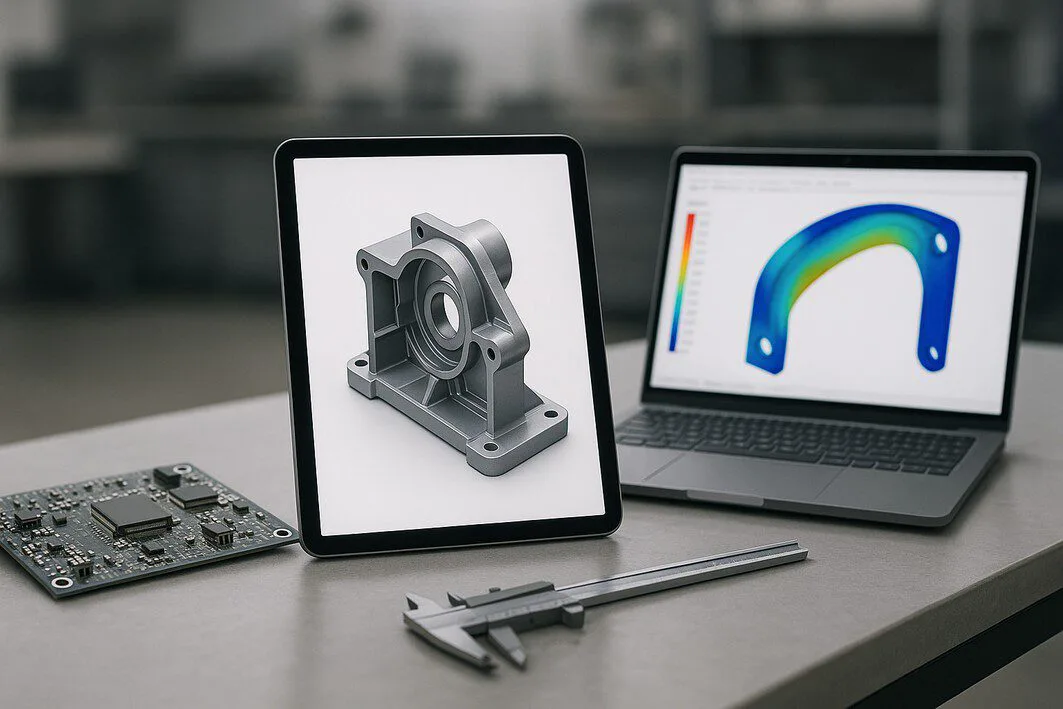 A workbench displaying common outsourced engineering tasks: a tablet with a CAD model, a printed circuit board, and a laptop with an FEA simulation.