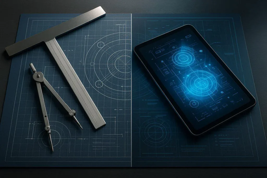A modern desk with an engineering blueprint, half showing traditional tools and the other half a futuristic digital tablet, symbolizing the strategic choice of outsourcing engineering services.
