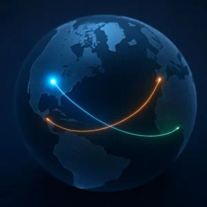 A 3D render of a globe illustrating the three types of engineering outsourcing: onshore, nearshore, and offshore, with glowing lines connecting different global regions.