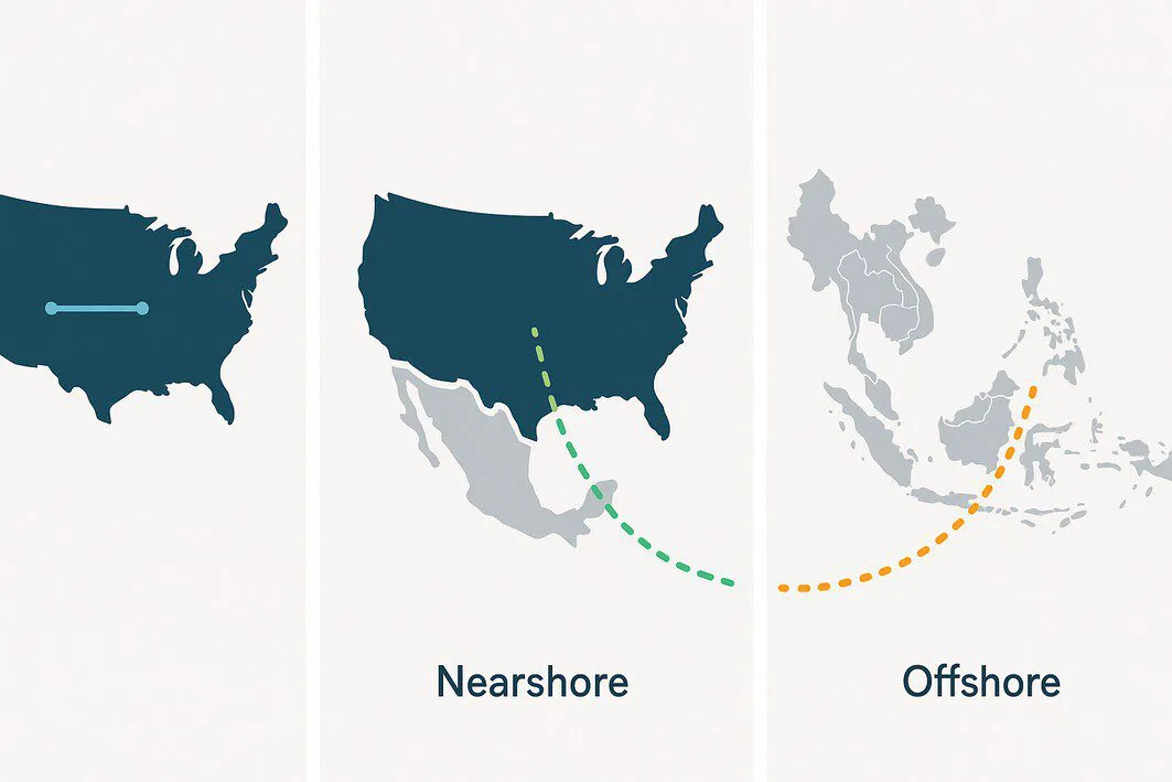 An infographic-style image to clearly and simply differentiate between the three outsourcing models: Onshore, Nearshore, and Offshore, for easy reader comprehension.