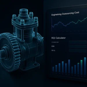 A conceptual image showing a detailed 3D engineering model transitioning into a digital interface with financial charts, representing the process of calculating engineering outsourcing costs for 2025.
