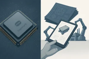 Blog Contract Manufacturing A split-screen image comparing OEM vs Contract Manufacturing. On the left, a branded OEM component. On the right, design blueprints being given to a factory, illustrating the two different business models.