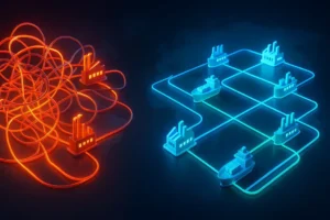 A digital 3D render illustrating supply chain optimization, with a tangled, chaotic network on one side transforming into a smooth, efficient grid on the other.