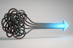 Blog Supply Chain And Logistics A 3D render illustrating supply chain cost reduction. A chaotic tangle of lines on the left transforms into a single, efficient blue arrow on the right, symbolizing the move from inefficiency to optimization.