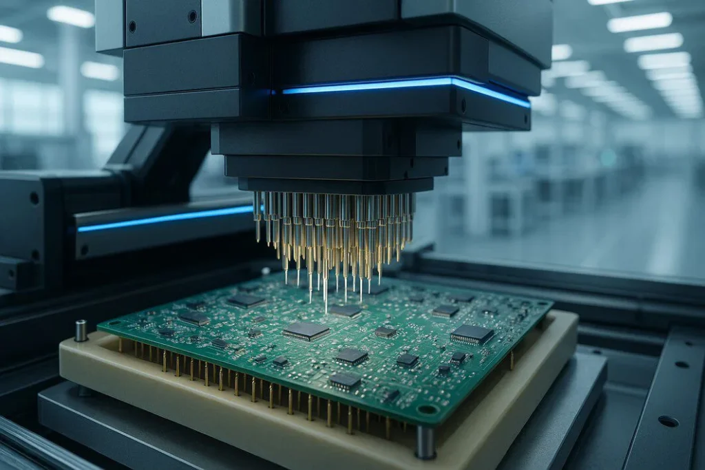A wide-angle view of an automated In-Circuit Testing (ICT) machine in action, with a 'bed of nails' fixture testing a complex Printed Circuit Board in a modern factory.