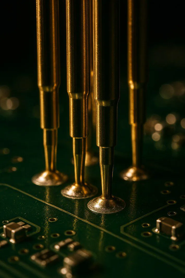 To provide a detailed, close-up view of the 'bed of nails' fixture's pins making contact with the PCB, illustrating the core mechanical principle of ICT.
