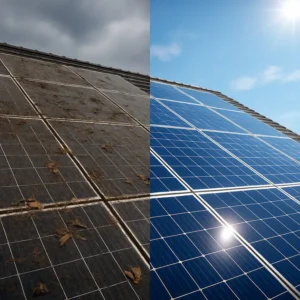 Blog After Market A split image showing dirty, inefficient solar panels on the left and perfectly clean, high-performing solar panels on the right, illustrating the benefits of preventive maintenance.