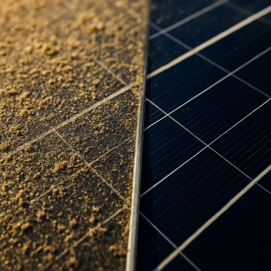 To illustrate the 'Panel Cleaning and Inspection' section by showing a close-up of 'soiling' which reduces efficiency.