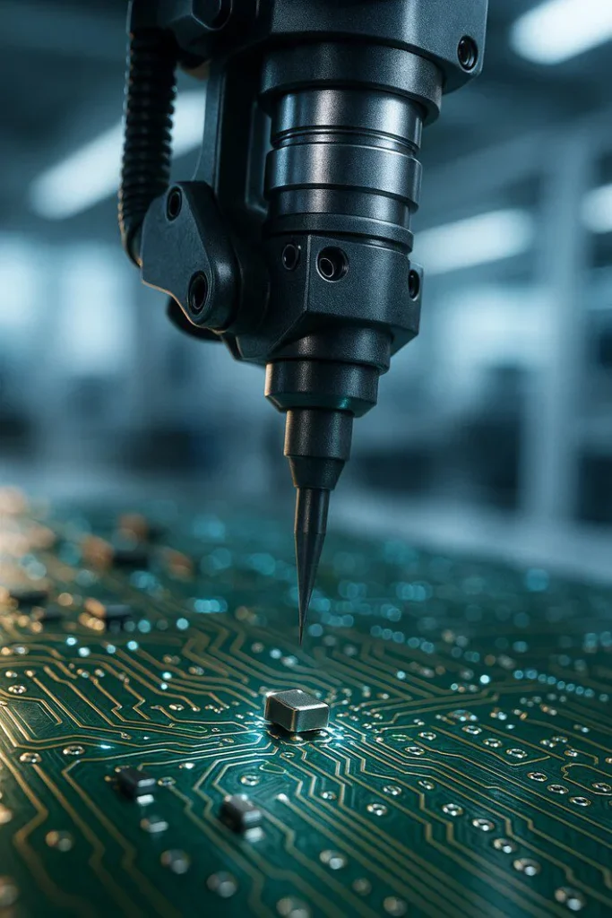 A close-up 3D render of a robotic arm precisely placing a tiny electronic component onto a complex printed circuit board, illustrating the concept of Surface Mount Technology (SMT).
