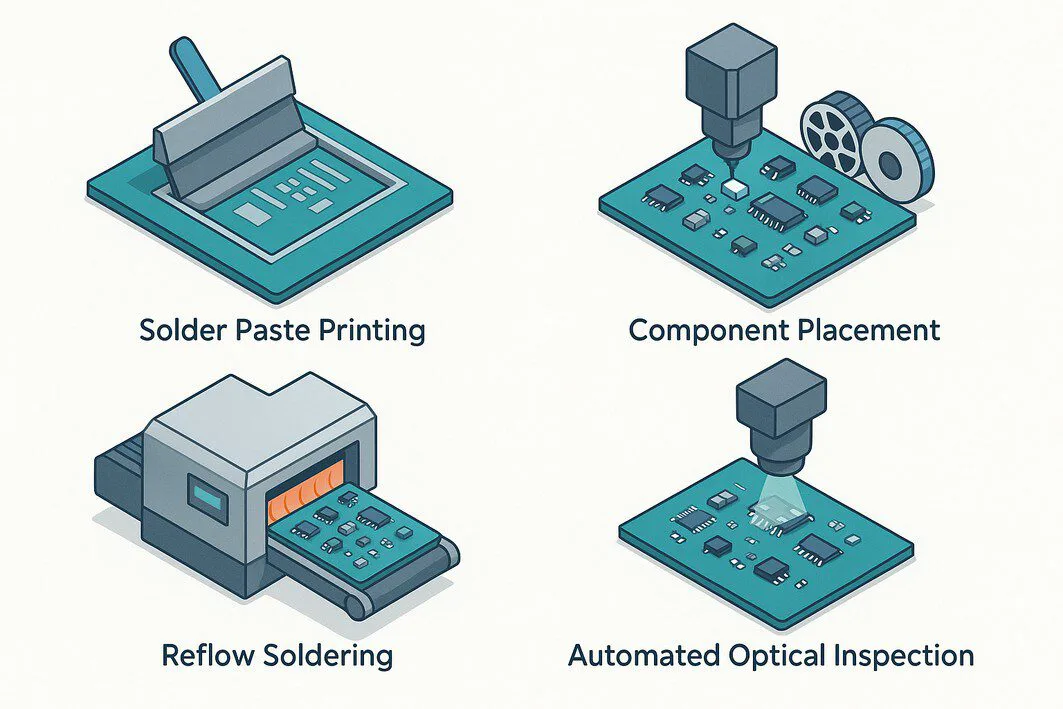 What Is Surface Mount Technology (SMT)? A Complete Guide To visually illustrate the four key stages of the SMT assembly process, making the technical explanation easier to understand.