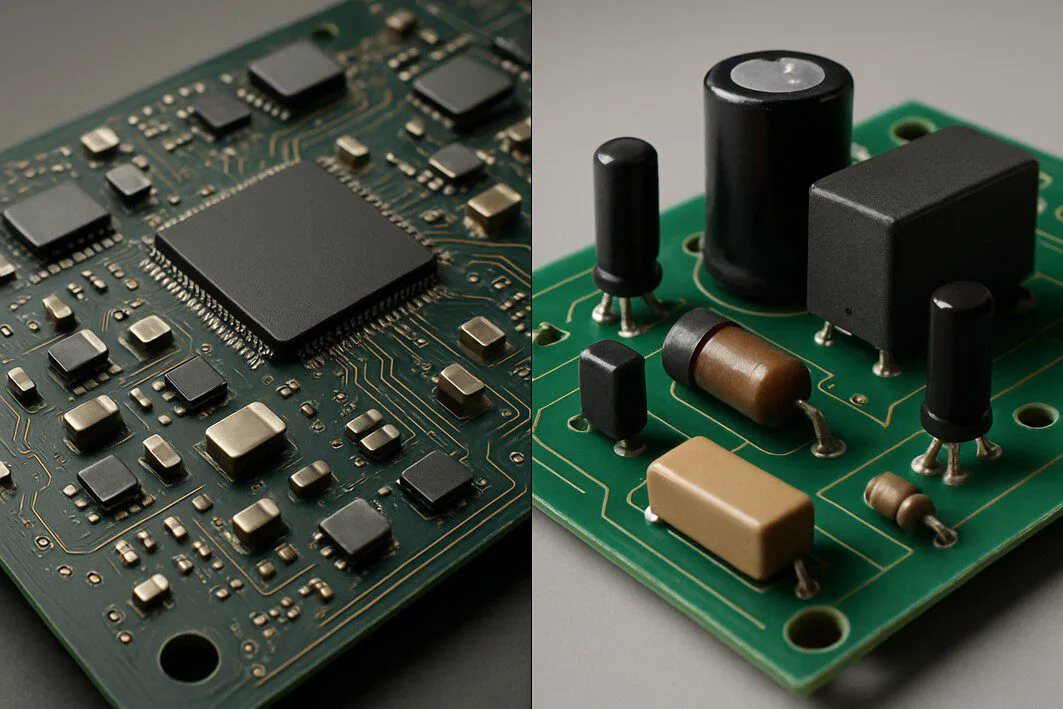 What Is Surface Mount Technology (SMT)? A Complete Guide To provide a clear, side-by-side visual comparison between the older Through-Hole Technology (THT) and modern Surface Mount Technology (SMT).