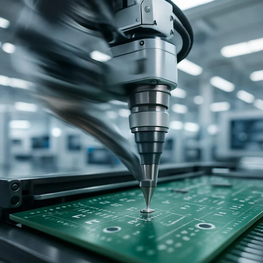 A robotic pick-and-place machine precisely placing a small component onto a circuit board, demonstrating the high level of automation in SMT assembly.
