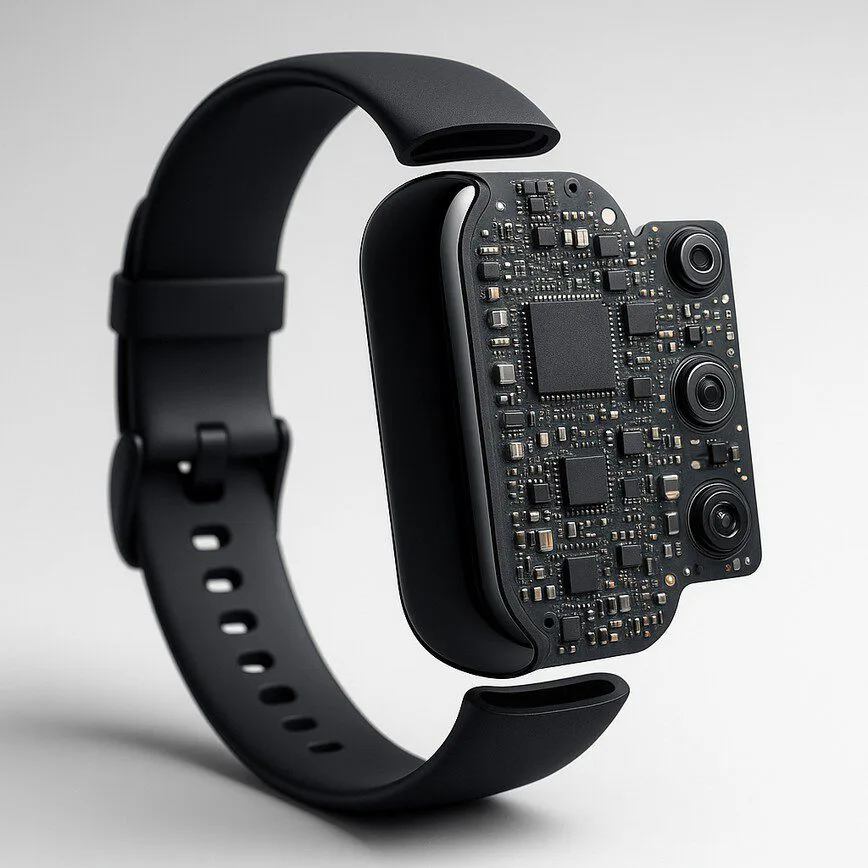 A deconstructed view of a modern wearable device, revealing a densely packed circuit board with tiny SMT components, showcasing the advantage of miniaturization.