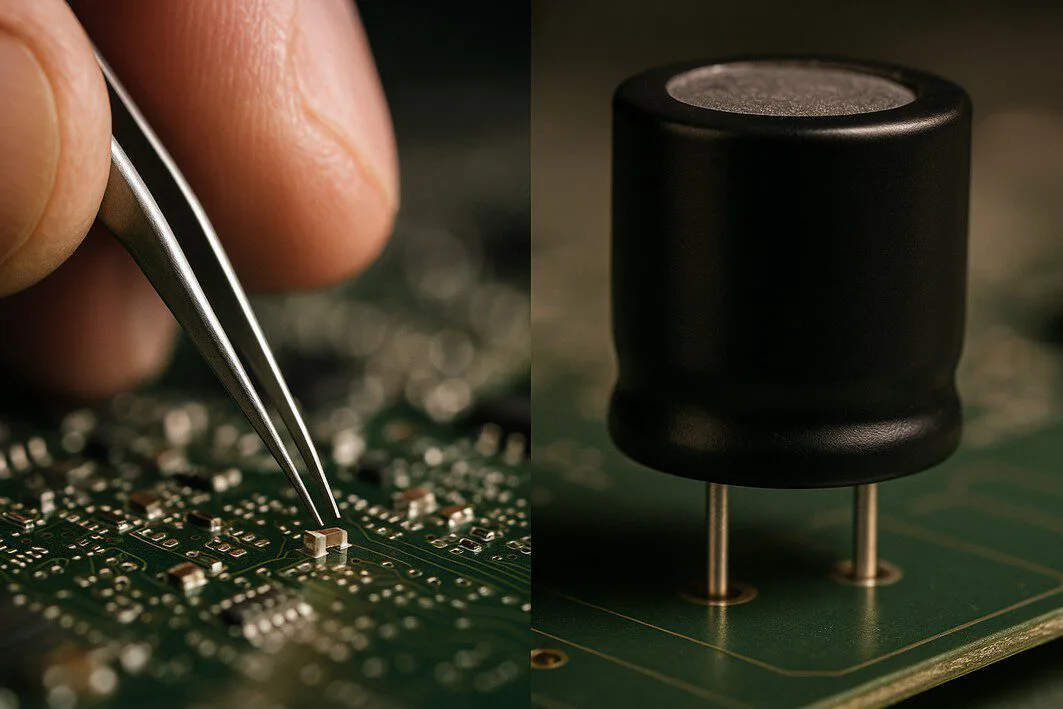 A split image comparing the difficulty of repairing a tiny SMT component with tweezers on the left, versus the robust and durable mounting of a large THT component on the right.