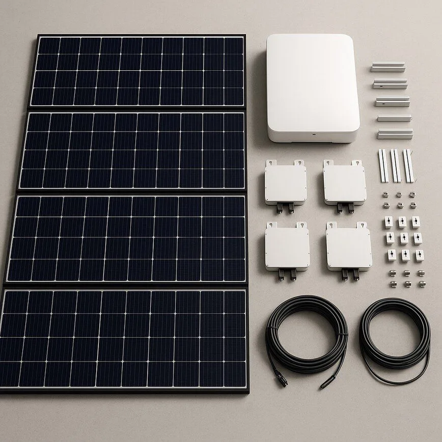 A top-down view of neatly arranged residential solar system components&mdash;including panels, inverter, and racking&mdash;before installation, serving as an example of system assembly.