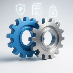 Blog Engineering Services A 3D render symbolizing outsourcing risk management, with two interlocking gears representing a client-partner relationship, surrounded by icons for security, IP protection, and contracts.