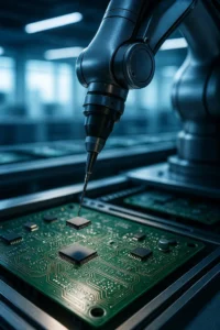 Blog PCBA Manufacturing A close-up of a robotic arm in an SMT assembly line precisely placing a small electronic component onto a printed circuit board, illustrating the high-tech nature of the SMT process.