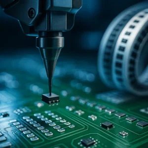 A robotic arm from an SMT machine precisely places a small SMD component onto a green printed circuit board, visually explaining the difference between the SMT process and the SMD part.