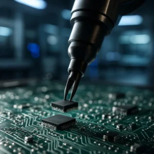 A close-up photorealistic shot of a robotic arm placing a microchip onto a printed circuit board, illustrating the precision of Surface Mount Technology (SMT) assembly.