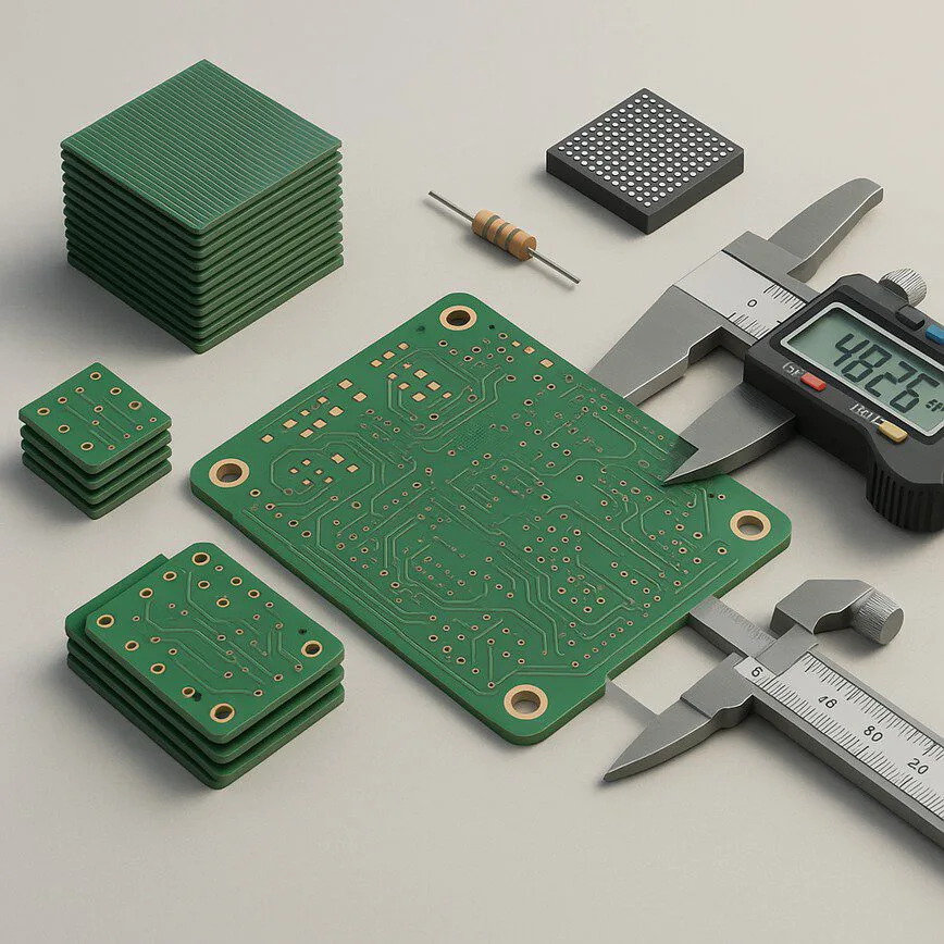 A 3D render displaying the factors of SMT cost: a central PCB is shown with visual representations of order volume (stacks of boards), component type, and board size (caliper).