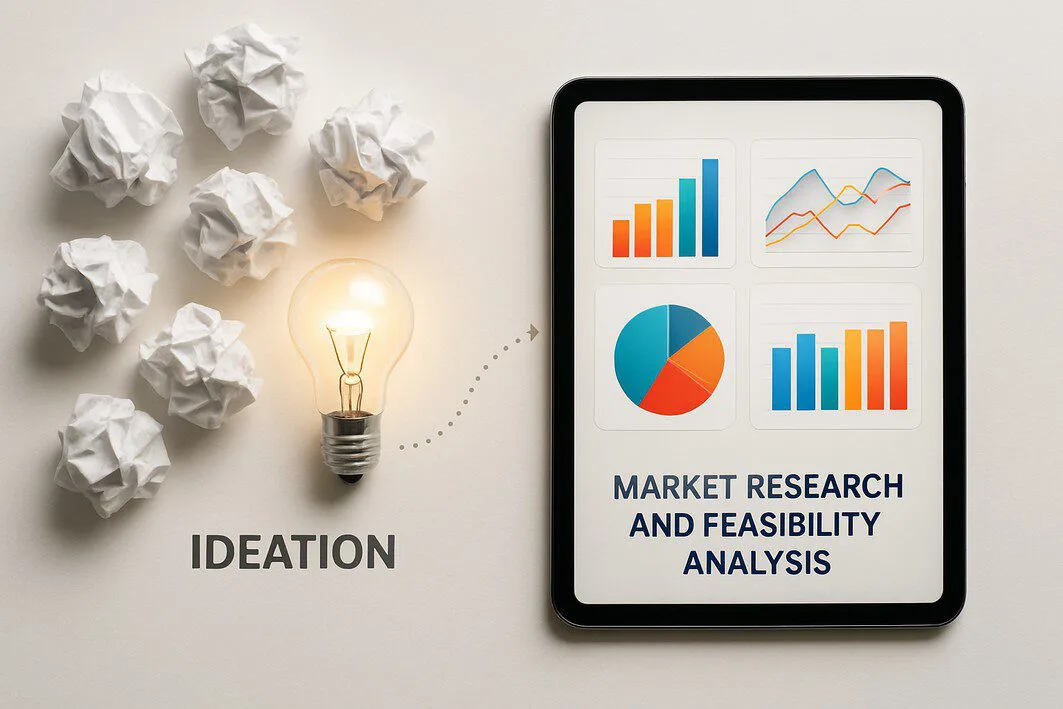 To illustrate the first two phases: transforming a raw idea into a validated, data-driven concept through market research.