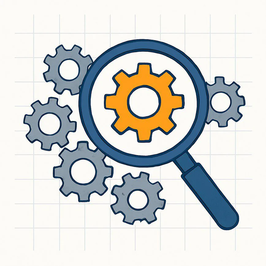 A magnifying glass inspects a series of gears, highlighting a perfect one, symbolizing rigorous due diligence in choosing an engineering outsourcing partner.