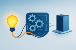 An illustration showing the product development process, starting with a lightbulb for an idea, moving to gears and blueprints for design, and ending with a finished product box.
