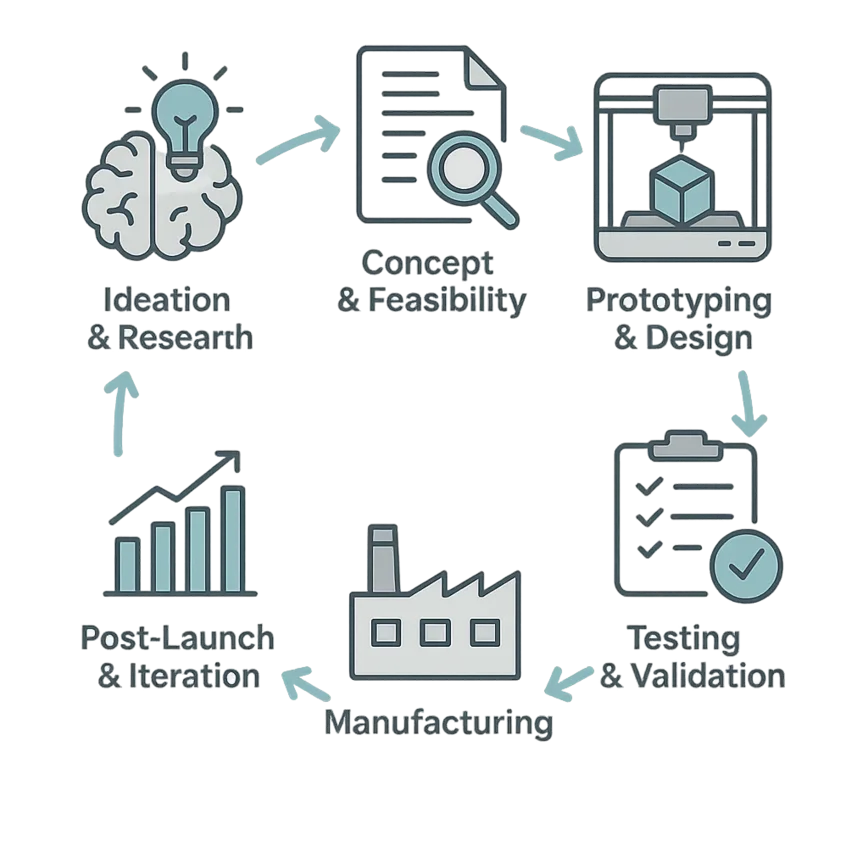 To visually break down the six core stages of the product development lifecycle mentioned in the article, serving as a quick reference guide for the reader.