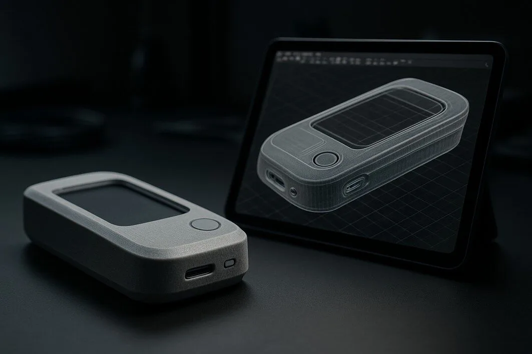 To illustrate the 'Prototyping and Design' stage, showing the tangible transition from a digital concept to a physical object.