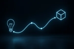 An abstract 3D render of a product development strategy, showing a glowing blue path from a simple idea icon to a polished product icon, representing the journey from concept to launch.