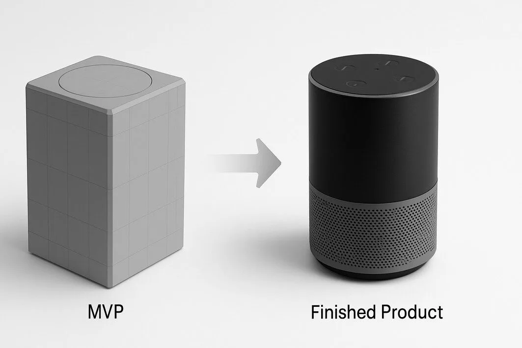 A visual comparison showing the evolution from a Minimum Viable Product (MVP) to a final product. On the left is a simple, gray prototype, and on the right is the sleek, polished market-ready version.