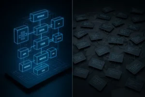 A split visual representing the choice between custom software development, shown as a precise glowing blueprint, and outsourcing, shown as a tangled global web of code blocks.