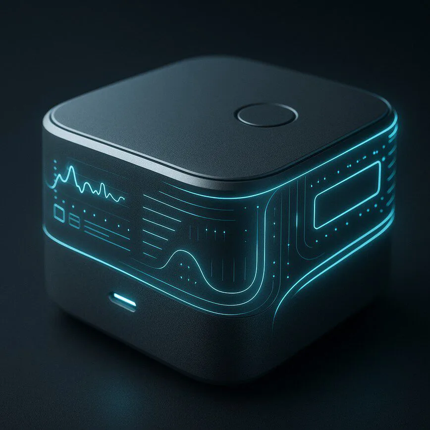 A close-up of a modern hardware device with glowing blue digital interface lines perfectly integrated into its physical form, symbolizing a bespoke custom software solution.