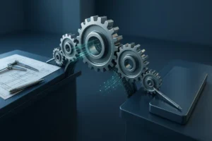 A 3D render of a bridge made of gears and data, symbolizing a strong partnership and successful risk management in engineering outsourcing.