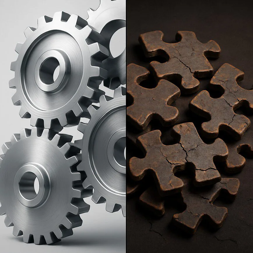 A comparative 3D render: on the left, perfectly interlocking gears show the high ROI of custom software; on the right, broken puzzle pieces show the hidden costs of outsourcing.