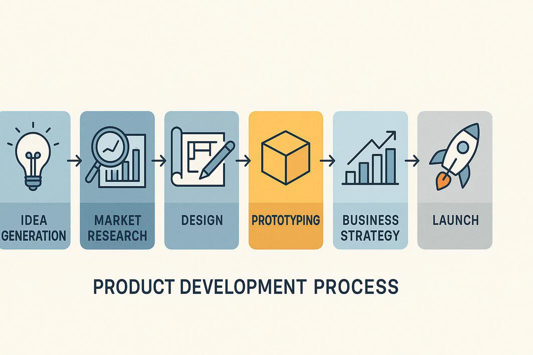 An infographic-style illustration to visually summarize the seven distinct stages of the product development process discussed in the article.