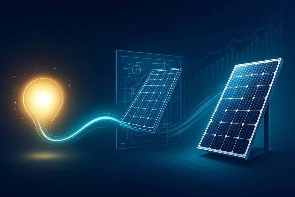 A conceptual illustration of the product development goal, showing a glowing idea transforming into a finished solar panel, with a growth chart in the background symbolizing business success.