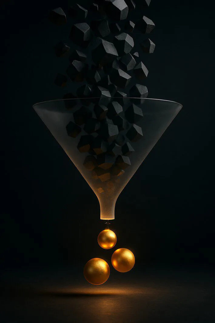 An abstract 3D render of a funnel filtering many rough shapes into a few polished, glowing spheres, symbolizing the idea screening and validation phase of product development.