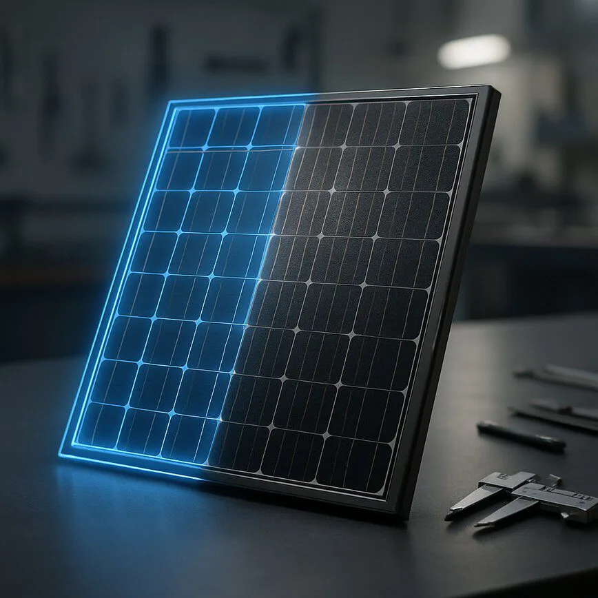 A photorealistic close-up showing a digital blueprint transforming into a physical prototype of a solar panel on a workbench, representing the product development and MVP stage.