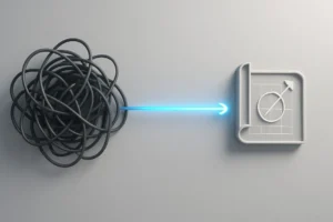A 3D render symbolizing a product development strategy, showing a tangled, chaotic line transforming into a single, straight, glowing line that points to a clear blueprint.