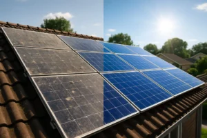Blog After Market A split image of a residential solar panel system. One side is dirty and dusty, while the other is sparkling clean, illustrating the dramatic improvement from a preventive maintenance program.