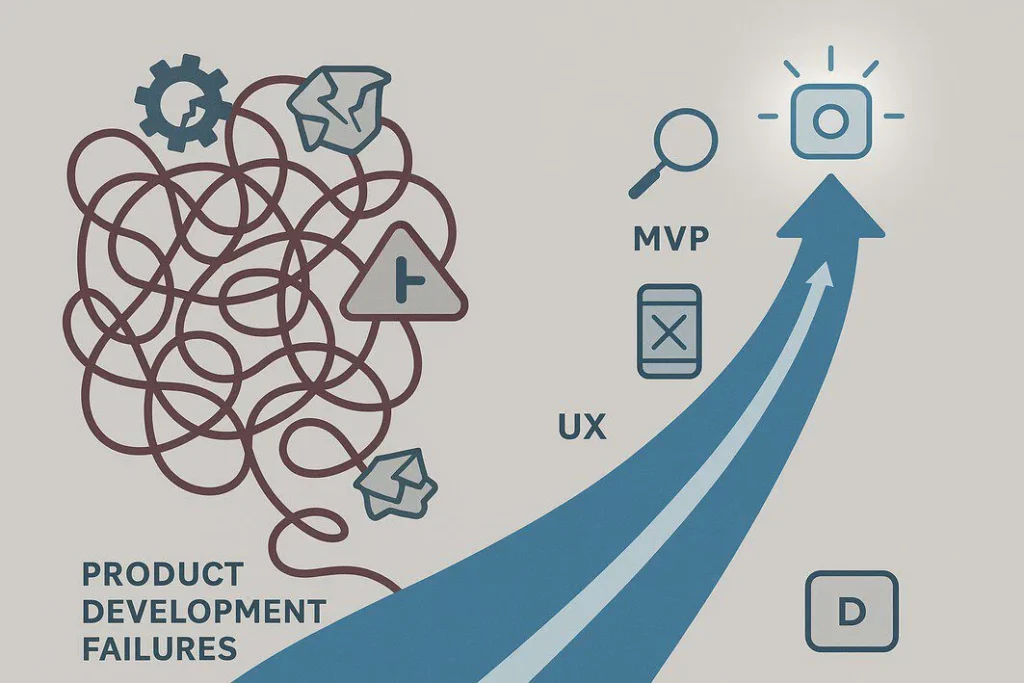An abstract illustration showing two paths in product development. One is a chaotic, tangled red line representing failure, and the other is a straight, clean blue line representing the successful path through research and user experience.