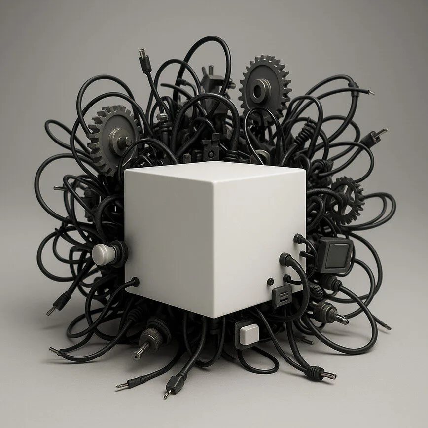 To visually represent 'scope creep' where a simple, elegant product becomes bloated with excessive, unplanned features.