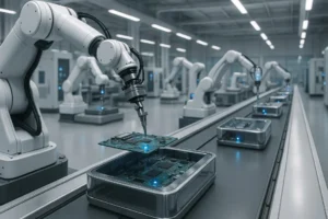 A wide view of a modern, automated system assembly line with robotic arms and conveyor belts, representing the backbone of manufacturing.