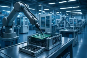 A wide-angle view of a modern, automated system assembly line with a robotic arm placing a circuit board into a device, illustrating the cost and complexity of manufacturing equipment.