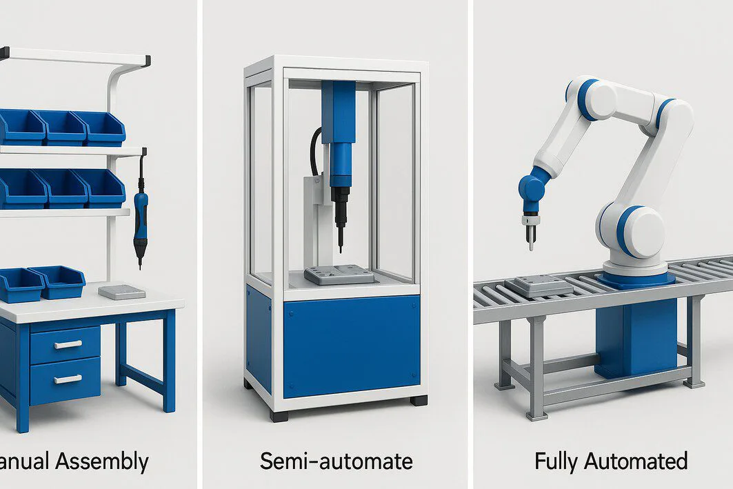 System Assembly Equipment Pricing: A 2026 Cost Guide for Professionals A triptych 3D render comparing three levels of system assembly: a manual workstation, a semi-automated machine, and a fully automated robotic arm.